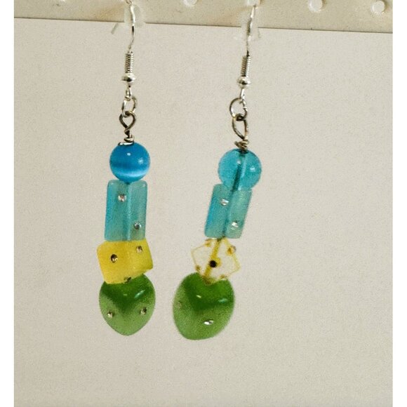 Four Bead Dangle Earings in Turquoise, Yellow and green beads, pierced earings - Picture 1 of 3
